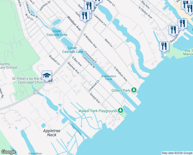 map of restaurants, bars, coffee shops, grocery stores, and more near 82 South Bay Avenue in Brightwaters