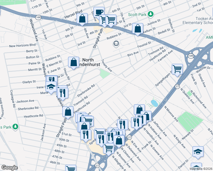 map of restaurants, bars, coffee shops, grocery stores, and more near 343 Heathcote Road in Lindenhurst