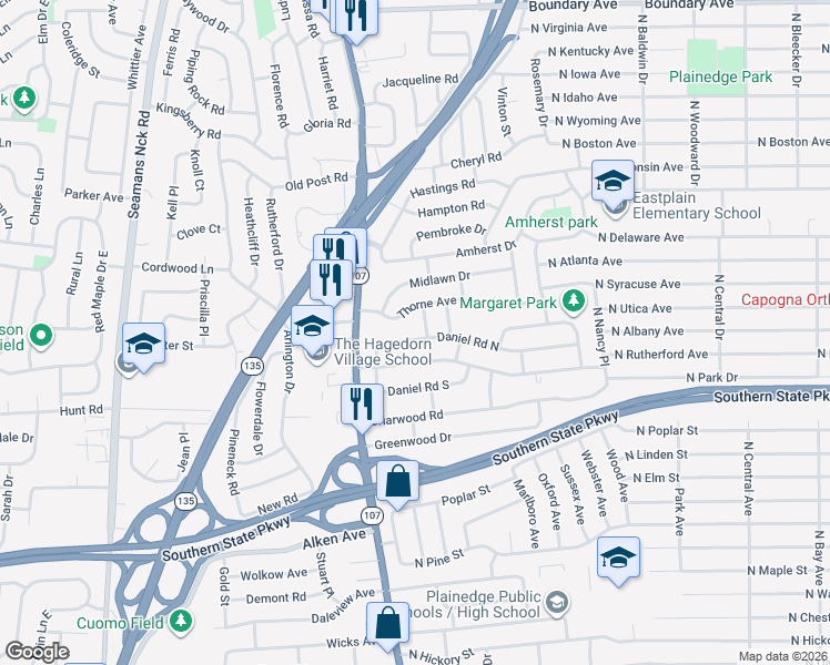 map of restaurants, bars, coffee shops, grocery stores, and more near 54 William Road in Massapequa