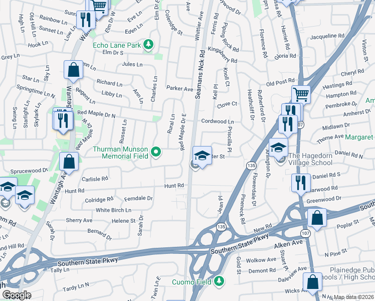 map of restaurants, bars, coffee shops, grocery stores, and more near 219 Red Maple Drive in Levittown