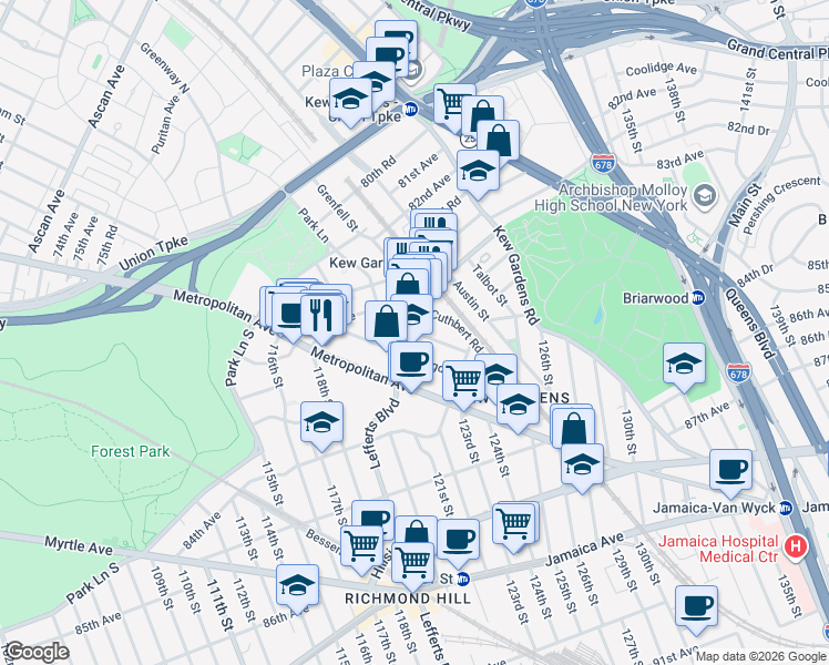map of restaurants, bars, coffee shops, grocery stores, and more near 82-17 Lefferts Boulevard in Queens