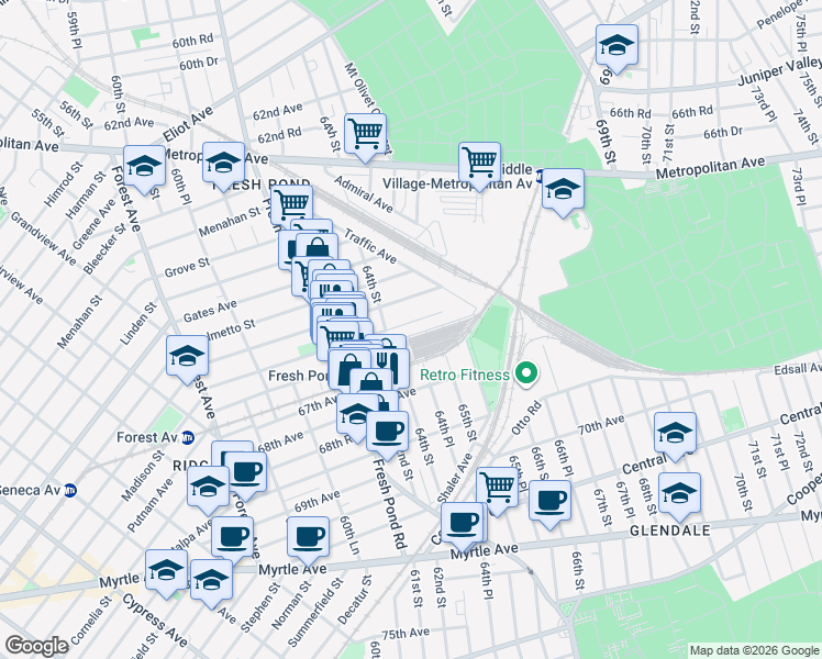map of restaurants, bars, coffee shops, grocery stores, and more near 64-14 Madison Street in Queens