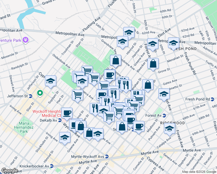 map of restaurants, bars, coffee shops, grocery stores, and more near 18-67 Greene Avenue in Queens