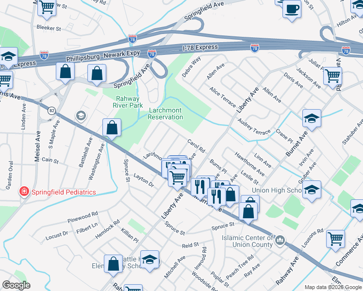 map of restaurants, bars, coffee shops, grocery stores, and more near 1069 Kensington Terrace in Union
