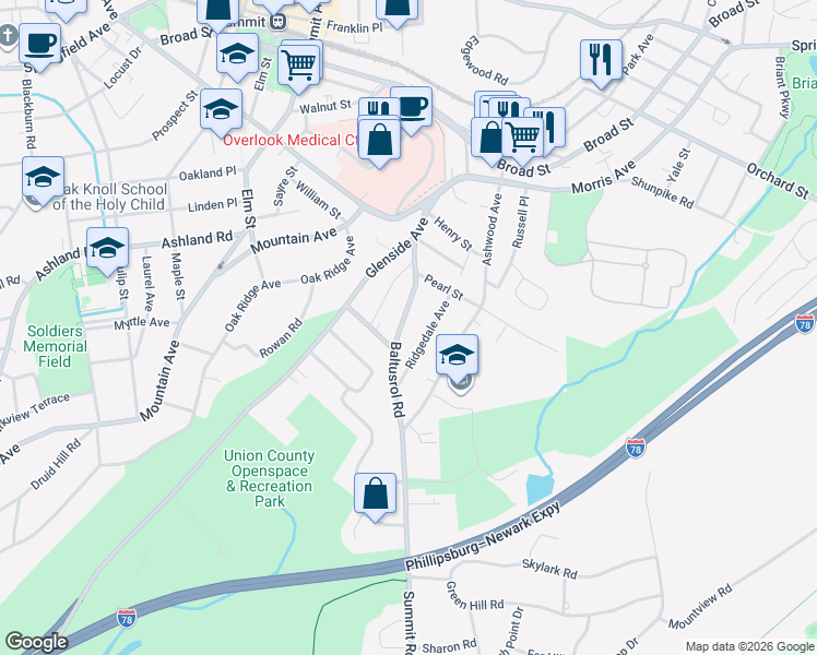 map of restaurants, bars, coffee shops, grocery stores, and more near 26 Ridgedale Avenue in Summit