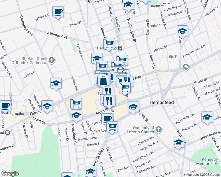 map of restaurants, bars, coffee shops, grocery stores, and more near 36-38 North Franklin Street in Hempstead