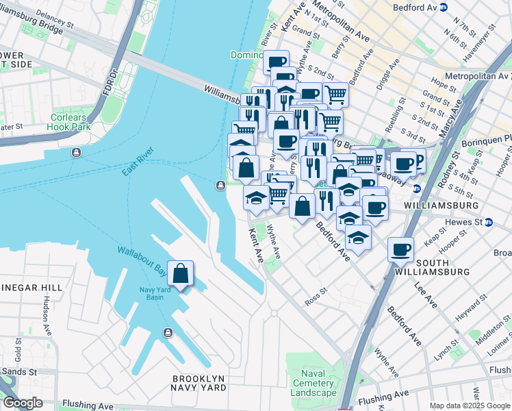 map of restaurants, bars, coffee shops, grocery stores, and more near 31 Division Avenue in Brooklyn