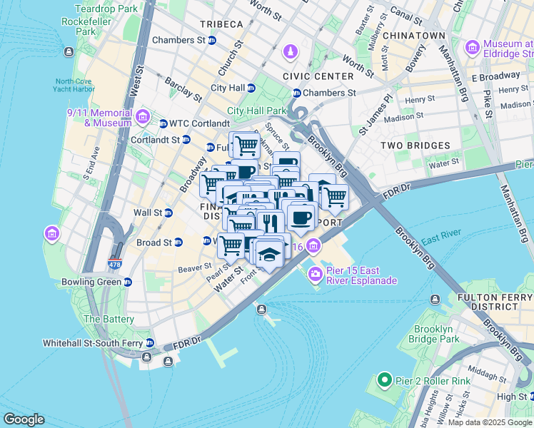 map of restaurants, bars, coffee shops, grocery stores, and more near 135 John Street in New York