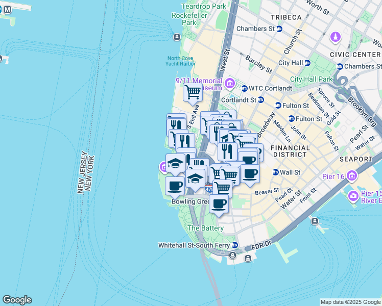 map of restaurants, bars, coffee shops, grocery stores, and more near 99 Battery Place in New York