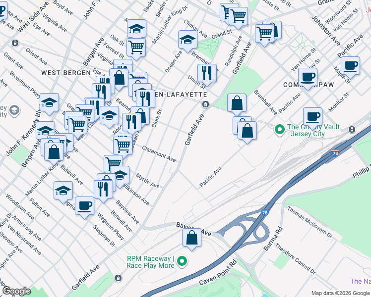 map of restaurants, bars, coffee shops, grocery stores, and more near 2 Claremont Avenue in Jersey City