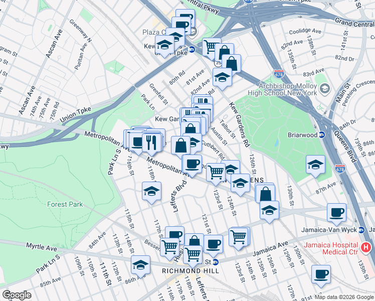 map of restaurants, bars, coffee shops, grocery stores, and more near 83-36 Beverly Road in Queens