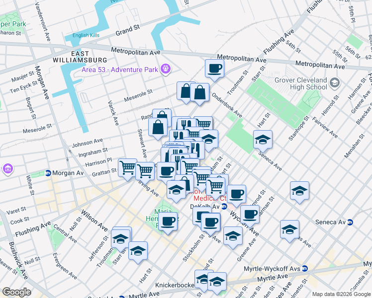 map of restaurants, bars, coffee shops, grocery stores, and more near Troutman St & St Nicholas Ave in Brooklyn