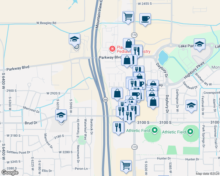 map of restaurants, bars, coffee shops, grocery stores, and more near 2888 Gabelich Lane in West Valley City