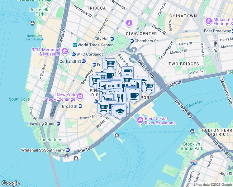 map of restaurants, bars, coffee shops, grocery stores, and more near 138 John Street in New York