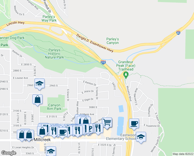 map of restaurants, bars, coffee shops, grocery stores, and more near 2210 South Valley Street in Salt Lake City