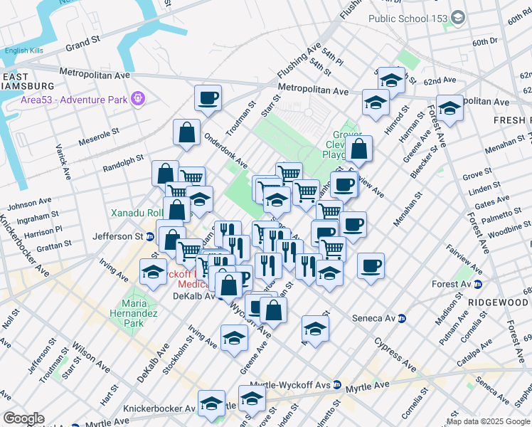 map of restaurants, bars, coffee shops, grocery stores, and more near Dekalb Avenue & Seneca Avenue in Queens