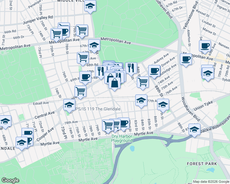map of restaurants, bars, coffee shops, grocery stores, and more near 81-01 77th Avenue in Queens