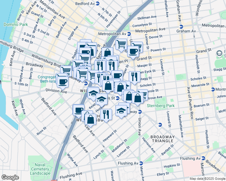 map of restaurants, bars, coffee shops, grocery stores, and more near 361 Broadway in Brooklyn