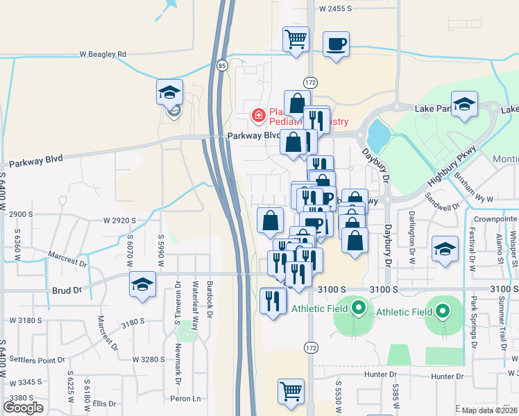 map of restaurants, bars, coffee shops, grocery stores, and more near 2889 Gabelich Lane in West Valley City