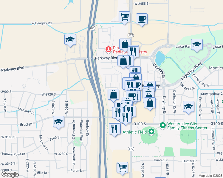 map of restaurants, bars, coffee shops, grocery stores, and more near 2888 Malcolm Place in West Valley City