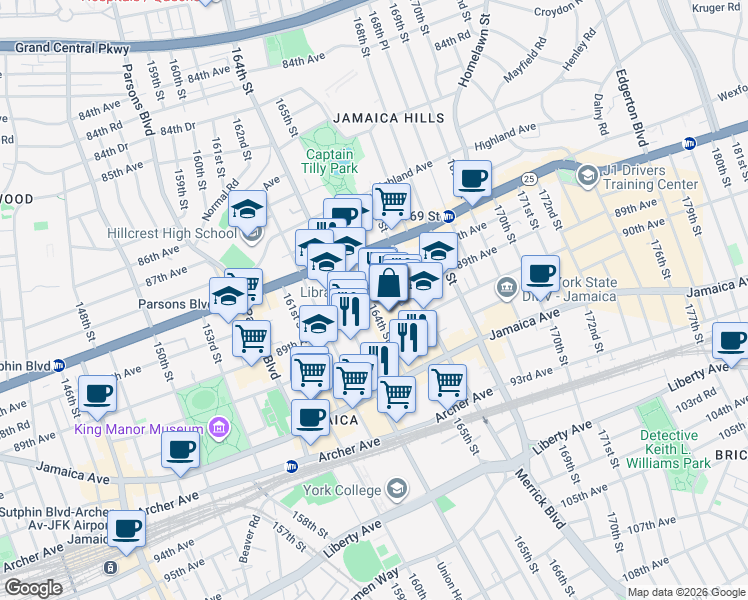 map of restaurants, bars, coffee shops, grocery stores, and more near 164-03 89th Avenue in Queens