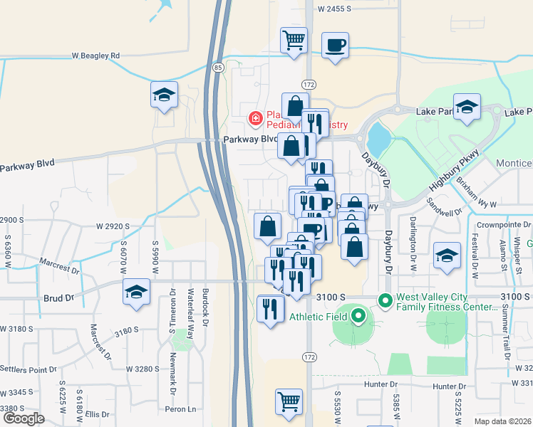 map of restaurants, bars, coffee shops, grocery stores, and more near 2888 Malcolm Place in West Valley City