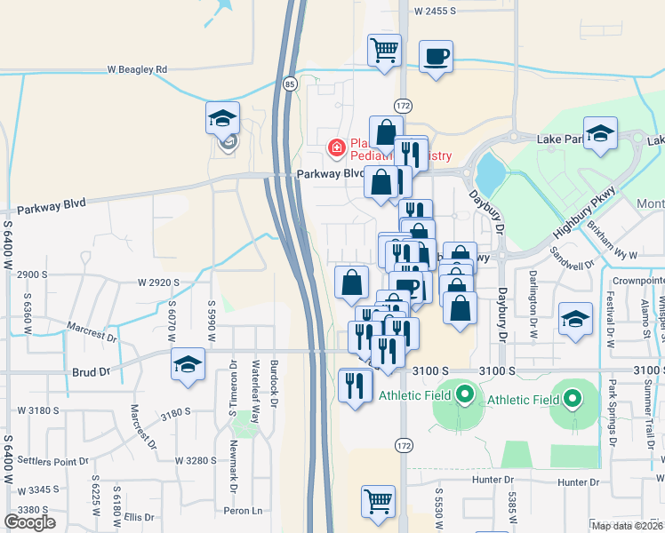 map of restaurants, bars, coffee shops, grocery stores, and more near 2888 Gabelich Lane in West Valley City