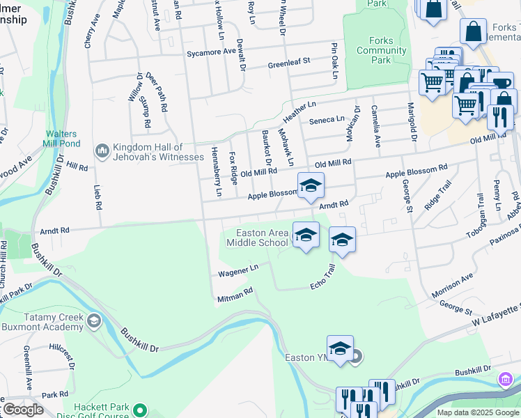 map of restaurants, bars, coffee shops, grocery stores, and more near 711 Arndt Road in Easton