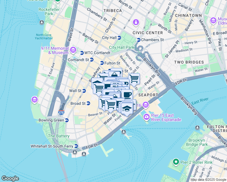 map of restaurants, bars, coffee shops, grocery stores, and more near 64 Maiden Lane in New York