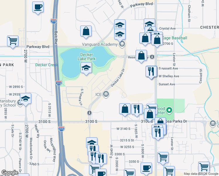 map of restaurants, bars, coffee shops, grocery stores, and more near 2975 Decker Lake Drive in West Valley City