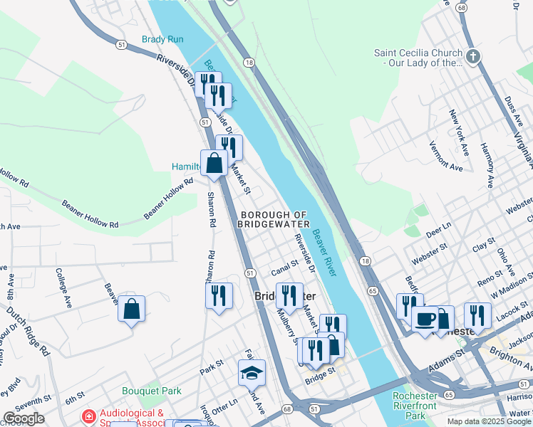 map of restaurants, bars, coffee shops, grocery stores, and more near 1298 Market Street in Beaver