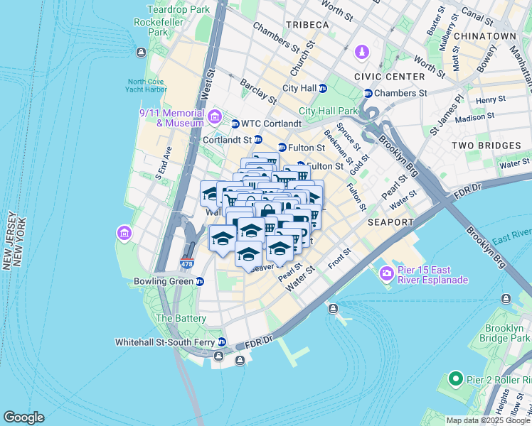 map of restaurants, bars, coffee shops, grocery stores, and more near Pine St & Nassau St in New York