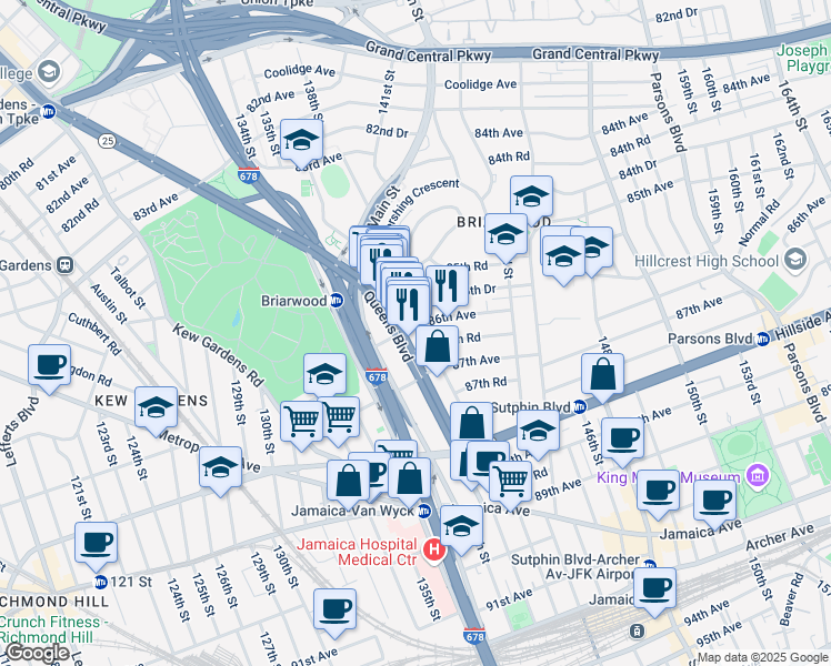 map of restaurants, bars, coffee shops, grocery stores, and more near 86-30 139th Street in Queens