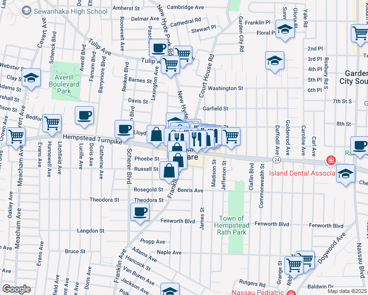 map of restaurants, bars, coffee shops, grocery stores, and more near in Franklin Square