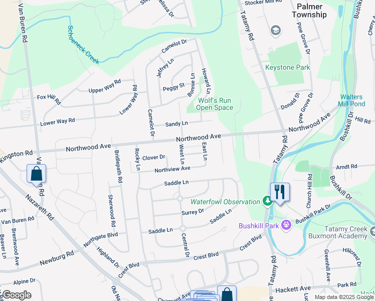 map of restaurants, bars, coffee shops, grocery stores, and more near 53 Northview Avenue in Easton