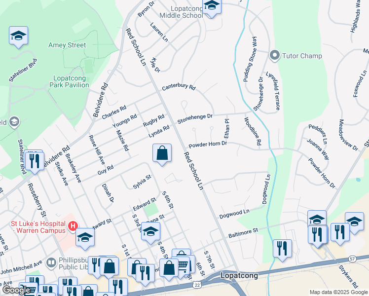 map of restaurants, bars, coffee shops, grocery stores, and more near 401 Red School Lane in Phillipsburg