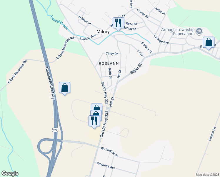 map of restaurants, bars, coffee shops, grocery stores, and more near 24 Acacia Court in Milroy