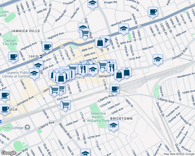 map of restaurants, bars, coffee shops, grocery stores, and more near 92-35 175th Street in Queens