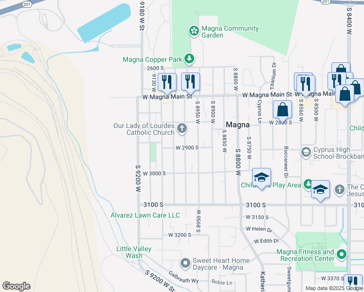map of restaurants, bars, coffee shops, grocery stores, and more near 9010 West 2900 South in Magna