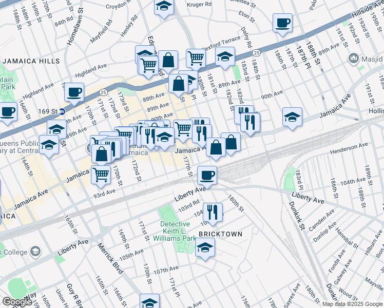 map of restaurants, bars, coffee shops, grocery stores, and more near 176-19 93rd Avenue in Queens