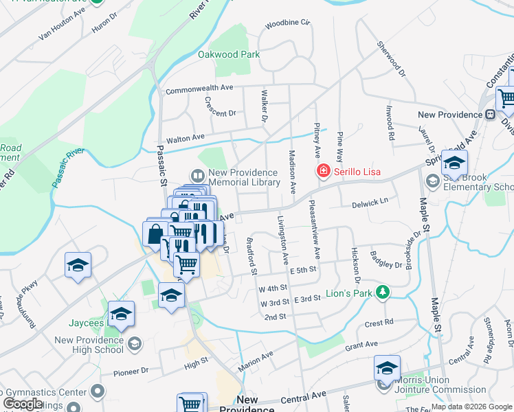 map of restaurants, bars, coffee shops, grocery stores, and more near 1171 Springfield Avenue in New Providence