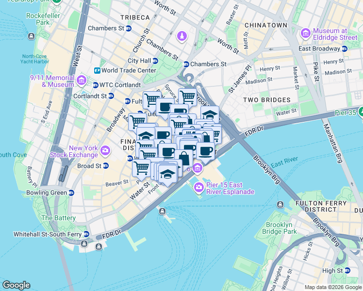 map of restaurants, bars, coffee shops, grocery stores, and more near 266 Pearl Street in New York