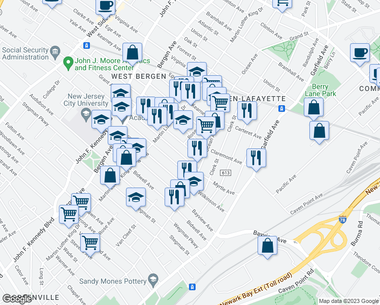 map of restaurants, bars, coffee shops, grocery stores, and more near 25 Grant Avenue in Jersey City