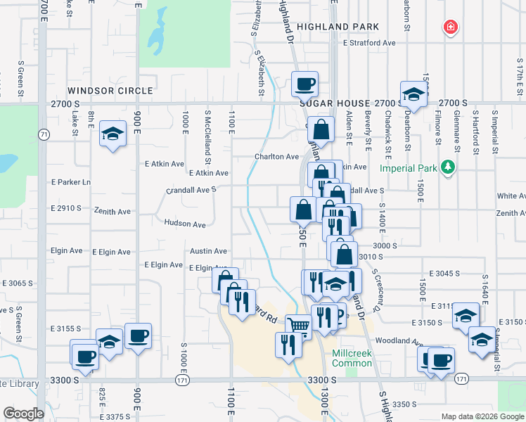 map of restaurants, bars, coffee shops, grocery stores, and more near 2952 Hudson Circle in Salt Lake City