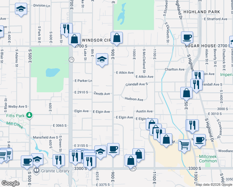 map of restaurants, bars, coffee shops, grocery stores, and more near 2948 900 East in Salt Lake City