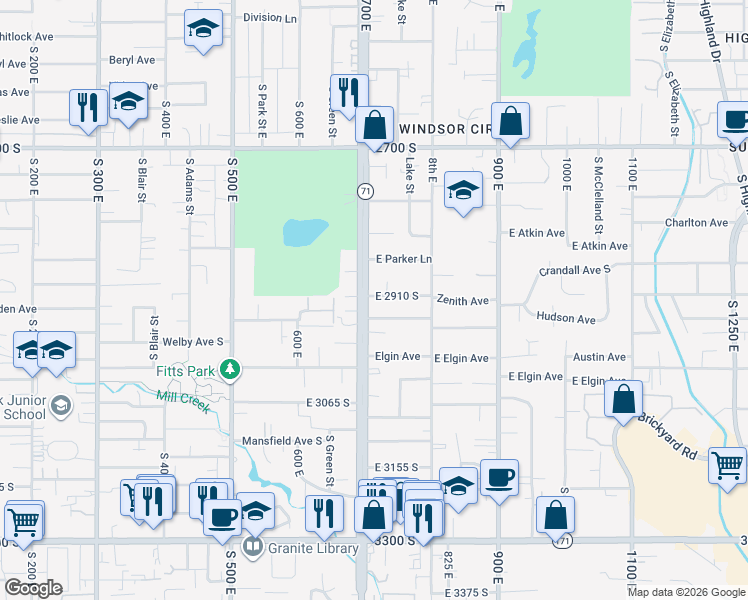 map of restaurants, bars, coffee shops, grocery stores, and more near 2952 South 700 East in South Salt Lake