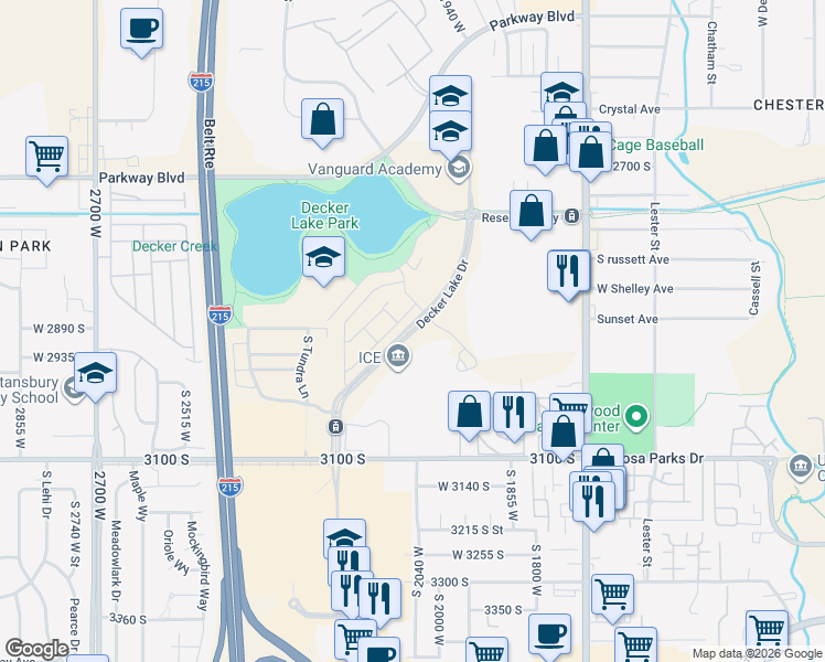 map of restaurants, bars, coffee shops, grocery stores, and more near 2949-2985 Decker Lake Dr in West Valley City
