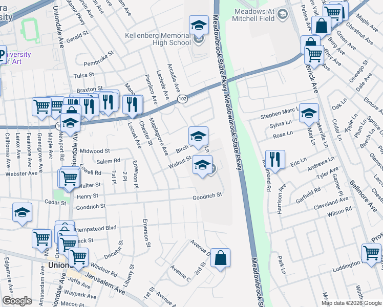 map of restaurants, bars, coffee shops, grocery stores, and more near 1208 Walnut Street in Uniondale