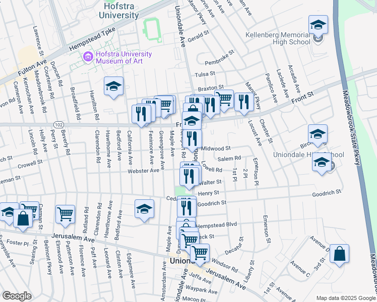 map of restaurants, bars, coffee shops, grocery stores, and more near 358 Uniondale Avenue in Uniondale