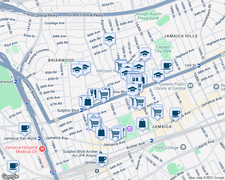 map of restaurants, bars, coffee shops, grocery stores, and more near 150-11 Hillside Avenue in Queens